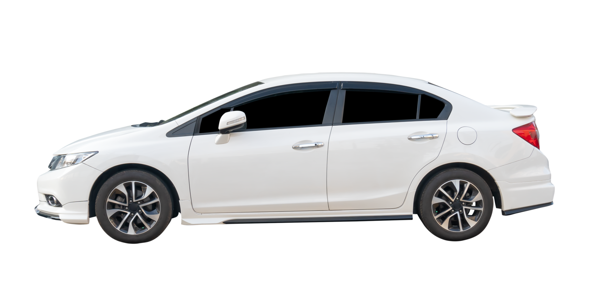 Left side view of white sports sedan car isolated with clipping path in file format png