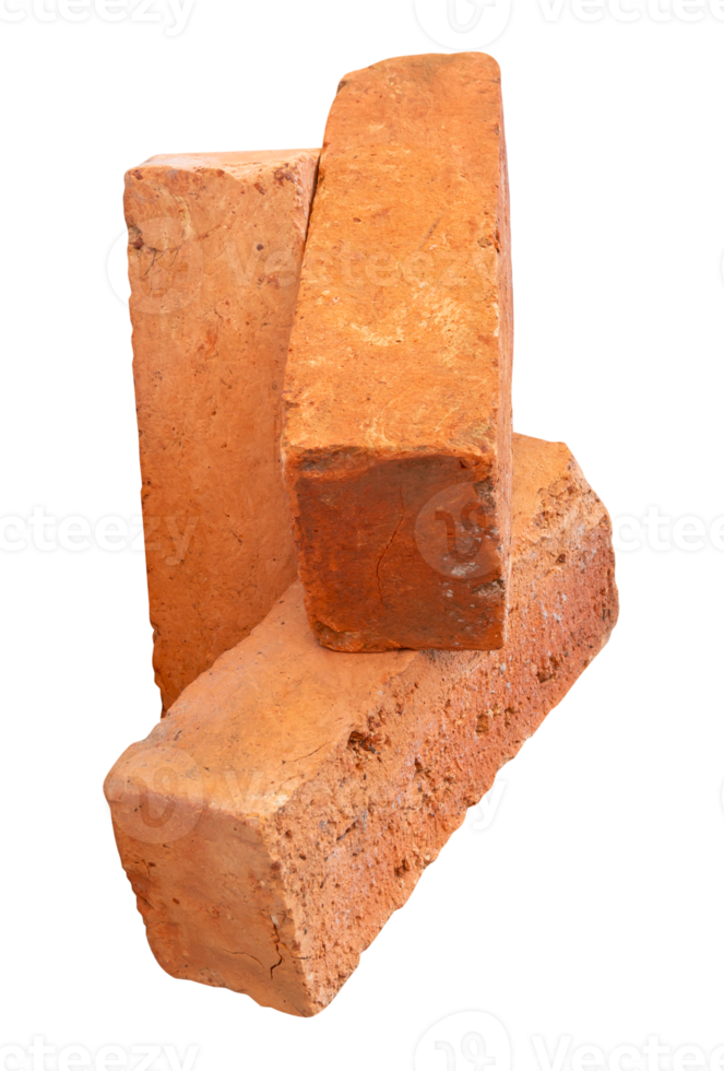 Vertical three cracked old red or orange bricks in stack isolated with clipping path in file format png