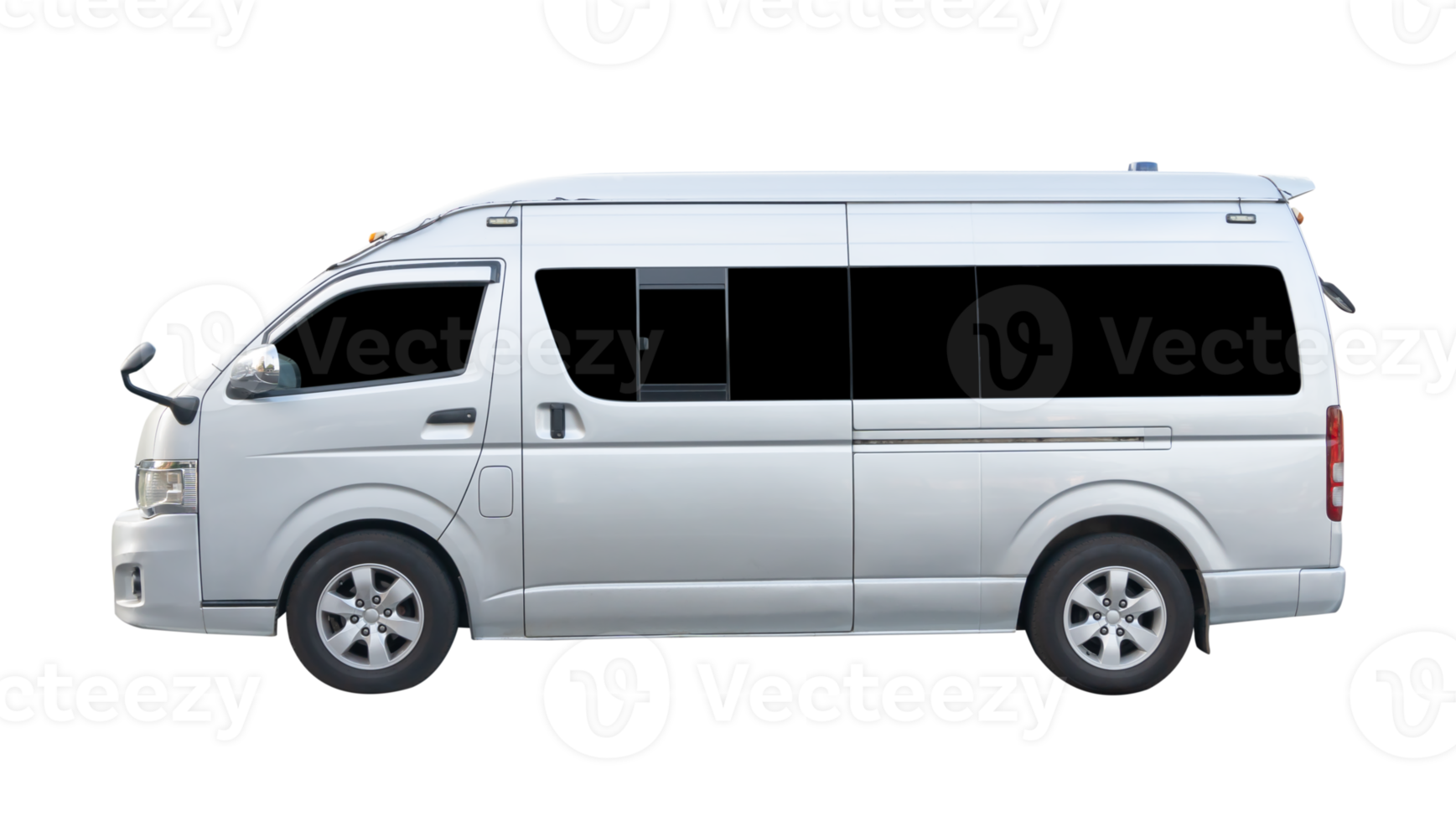 Left side view of silver or gray passenger van isolated with clipping path in file format png
