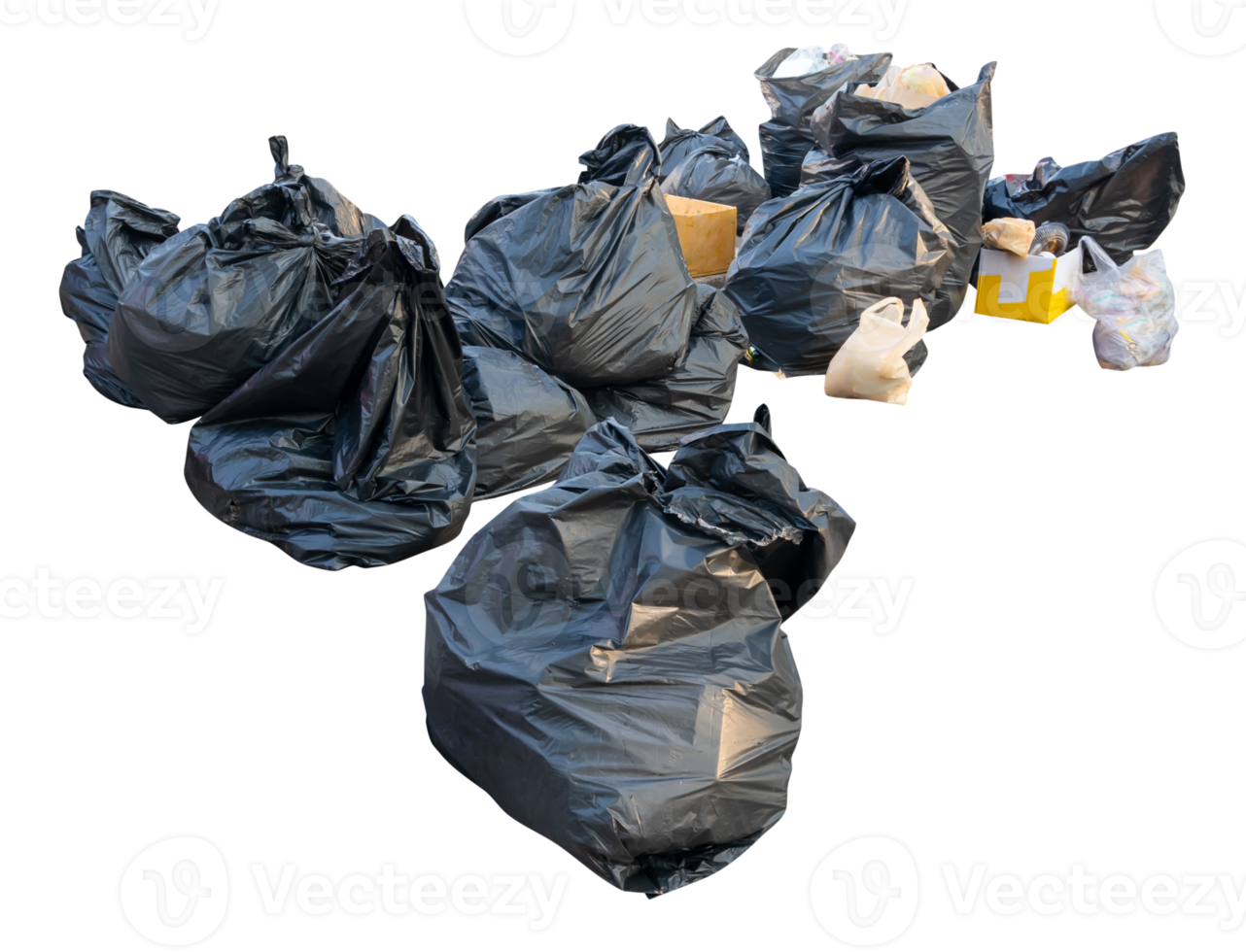 Large group of waste in black plastic bag at garbage dump isolated with clipping path in file format png