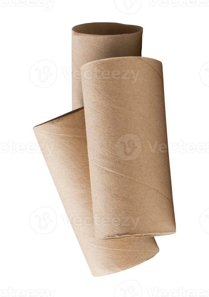 Side view of three tissue paper cores or toilet paper tubes after used out of paper in stack isolated with clipping path in file format png