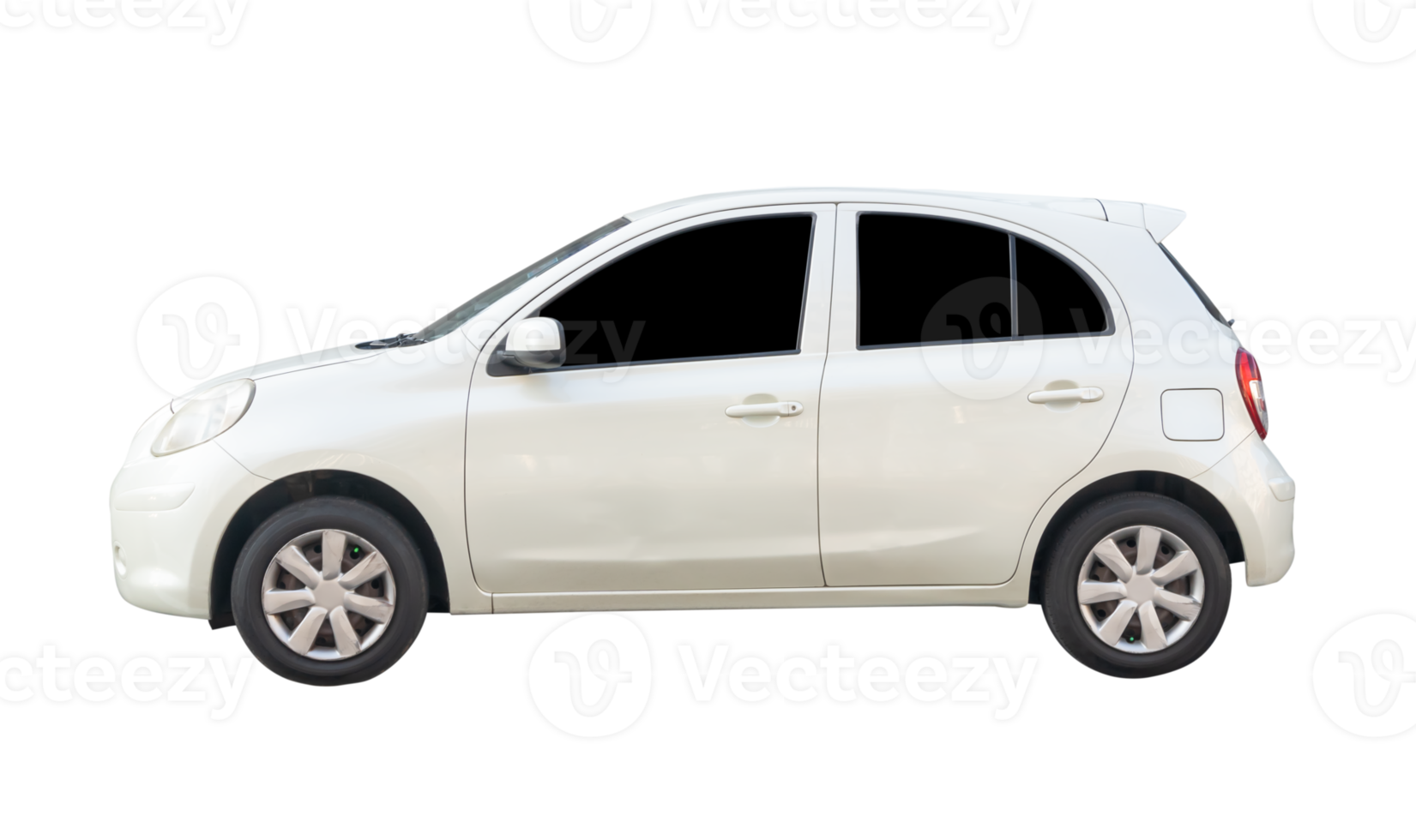 Left side view of mini or small white hatchback car isolated with clipping path in file format png