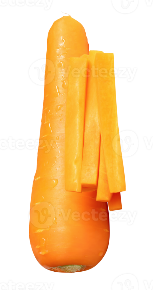 Top view of orange carrot with slices in stick shape in stack isolated with clipping path in file format png