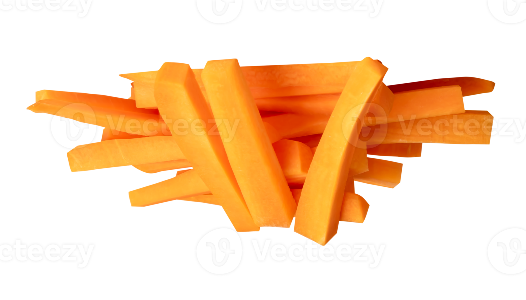 Orange carrot slices in stick shape in strange pile isolated with clipping path in file format png