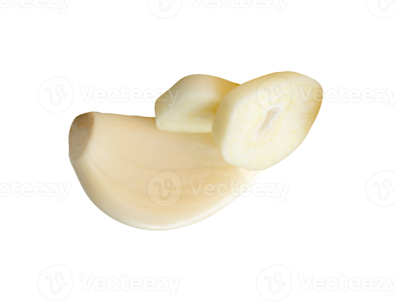 Peeled garlic cloves with slices in stack isolated with clipping path in file format png