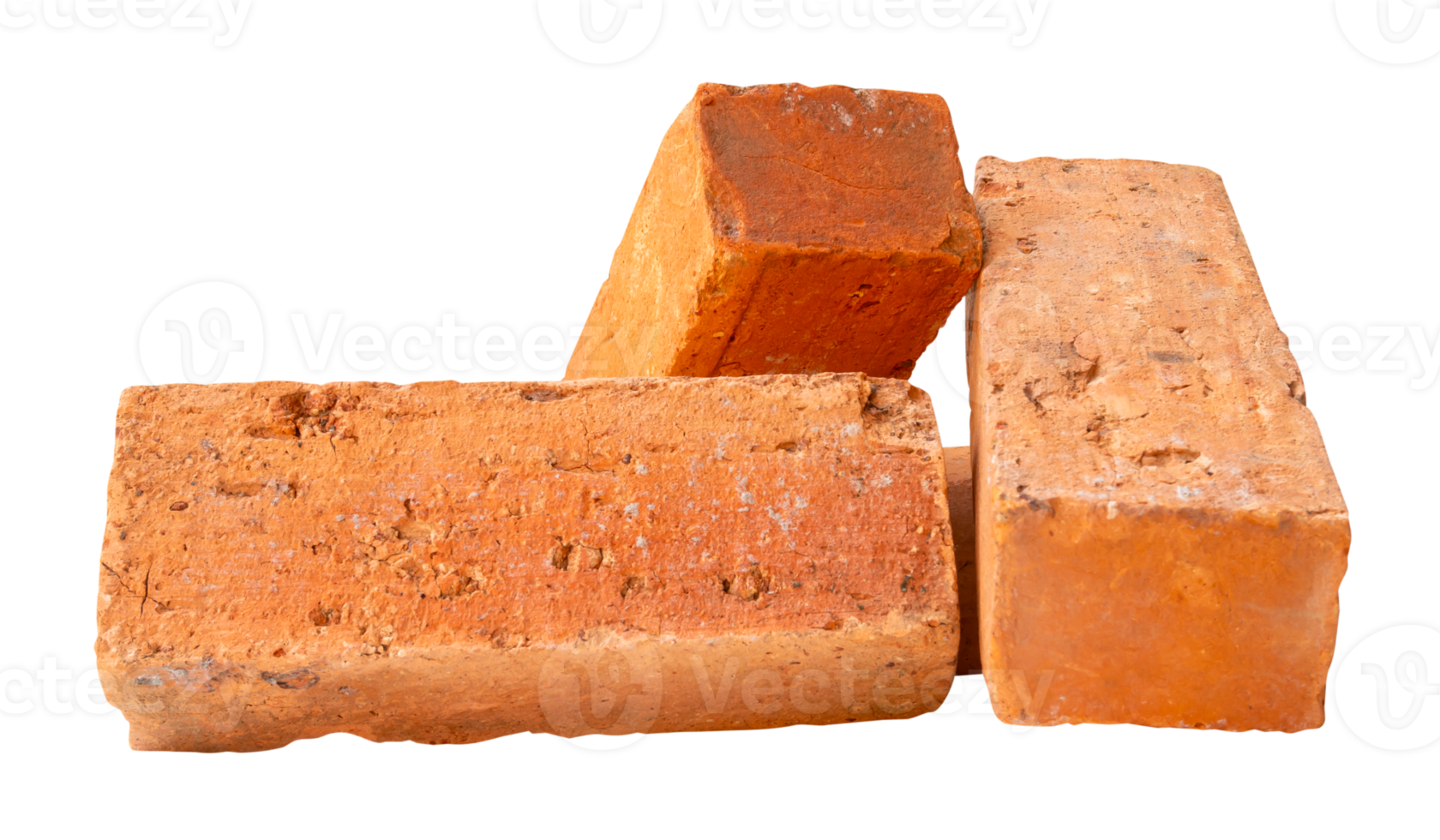 Three old red and orange bricks in stack isolated with clipping path in file format png