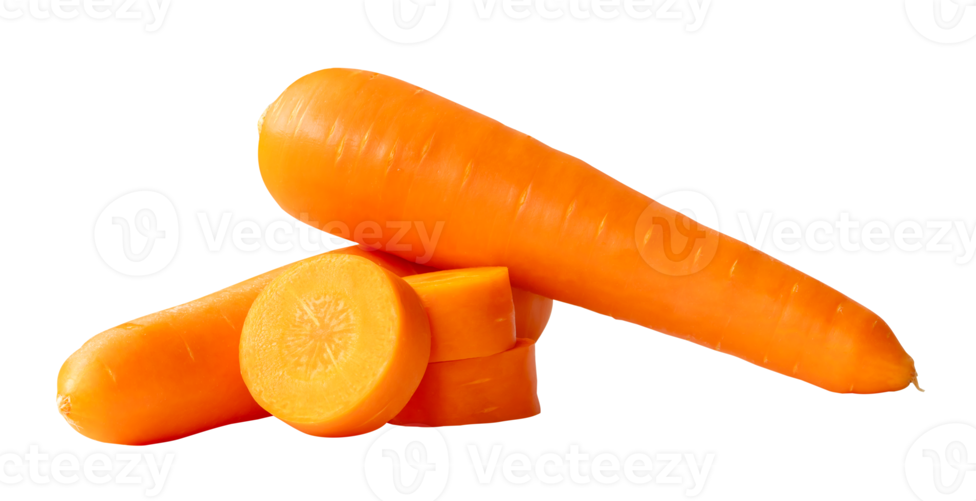 Side view of two fresh orange carrot roots with slices in circles in stack isolated with clipping path in file format png