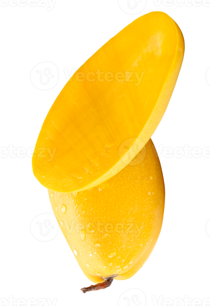 Vertical ripe yellow mango with half and water drops in stack isolated with clipping path in file format png