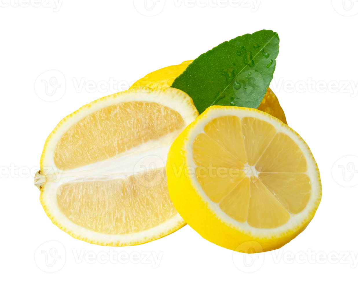 Front view of ripe yellow lemon fruit with slices in circle and oval shape with green leaf in stack isolated with clipping path in file format png