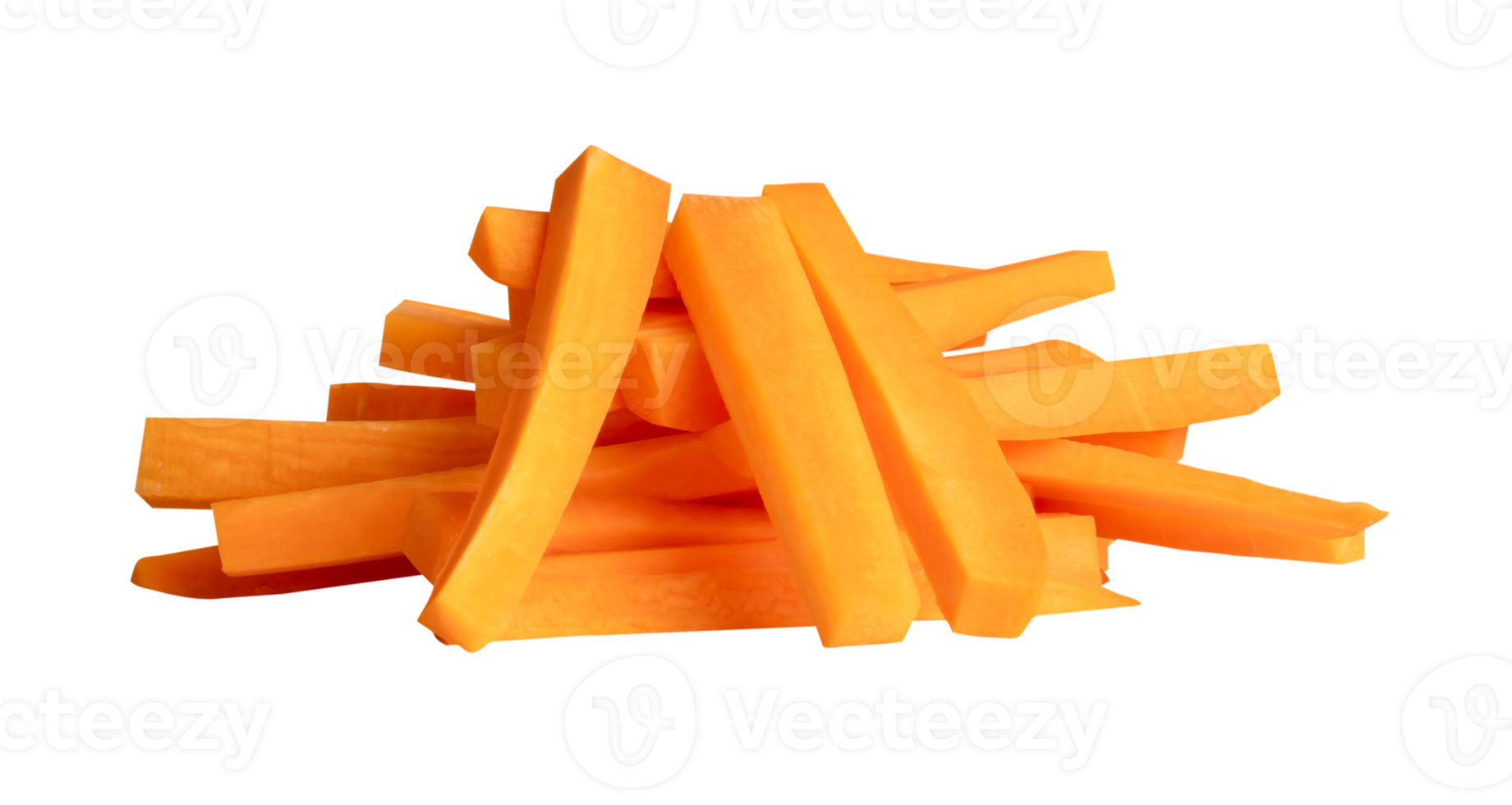Orange carrot slices in stick shape in a pile isolated with clipping path in file format png