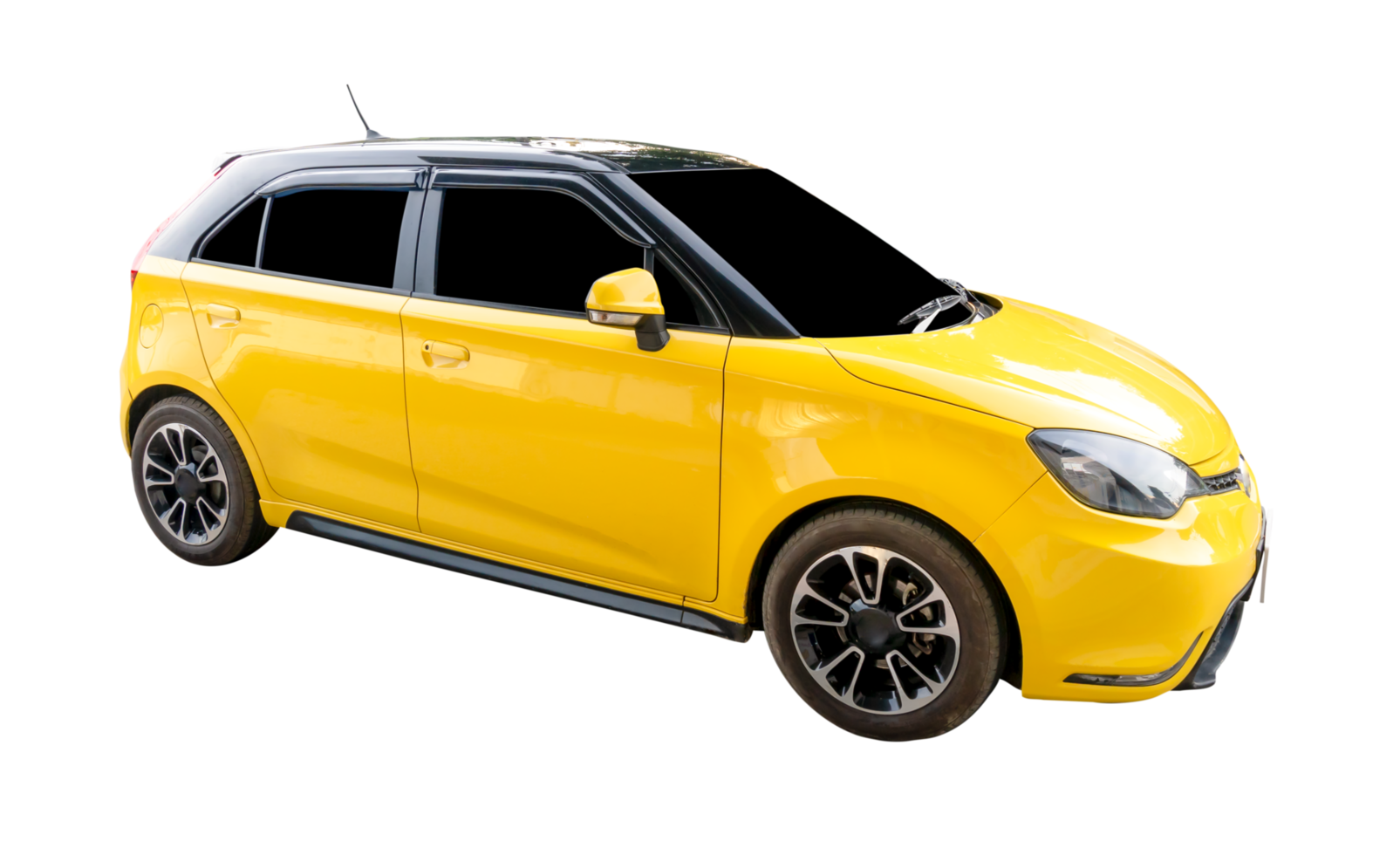 Right side view of mini or small yellow hatchback car isolated with clipping path in file format png