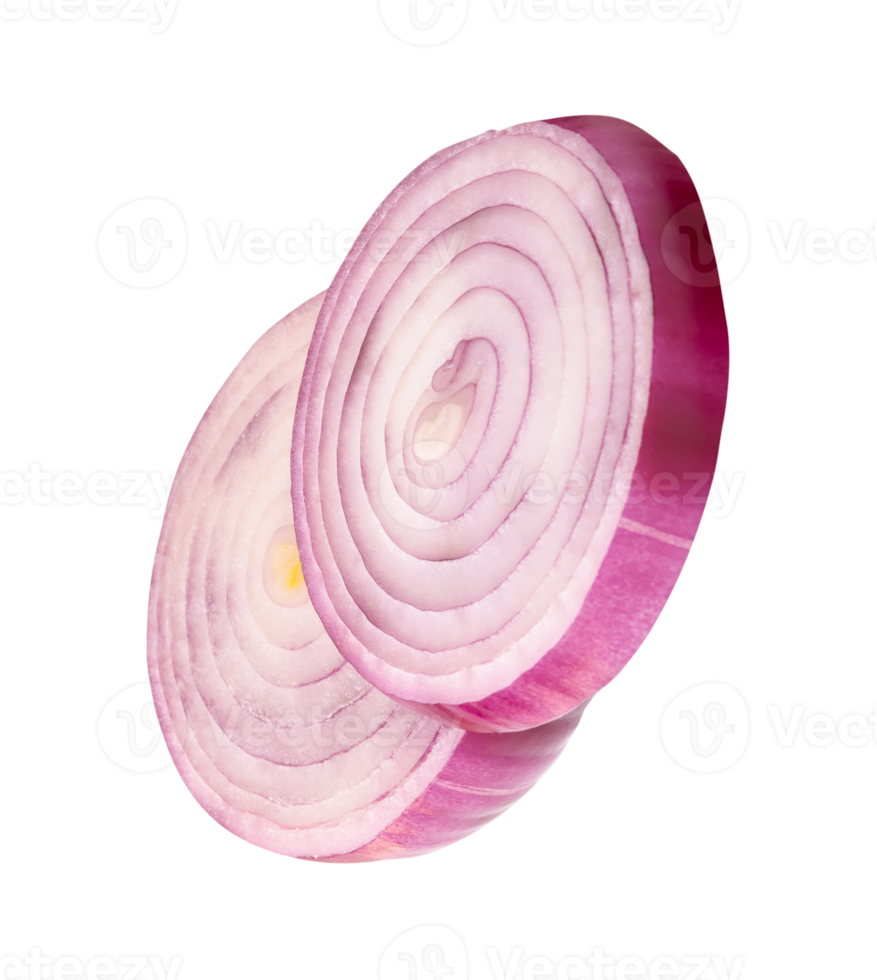 Vertical two Spanish onion or red onion slices in stack isolated in file format png