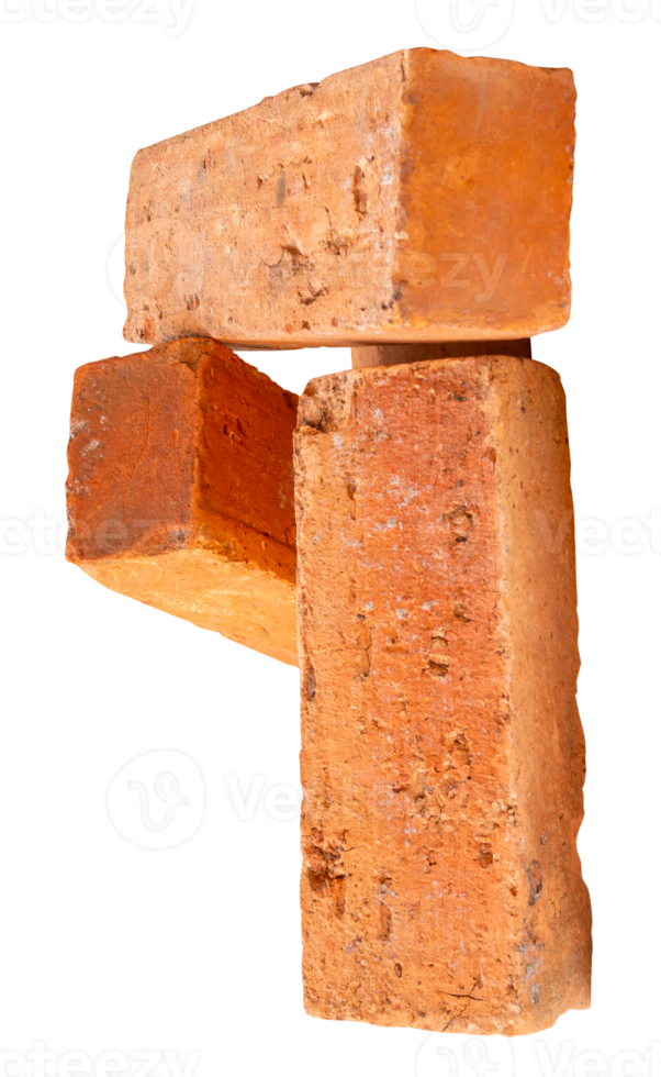 Three old red or orange bricks in stack isolated with clipping path in file format png