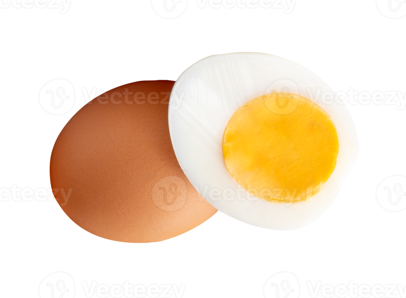 A raw brown chicken egg and cooked or boiled chicken egg with egg yolk in half in small pile isolated with clipping path in file format png