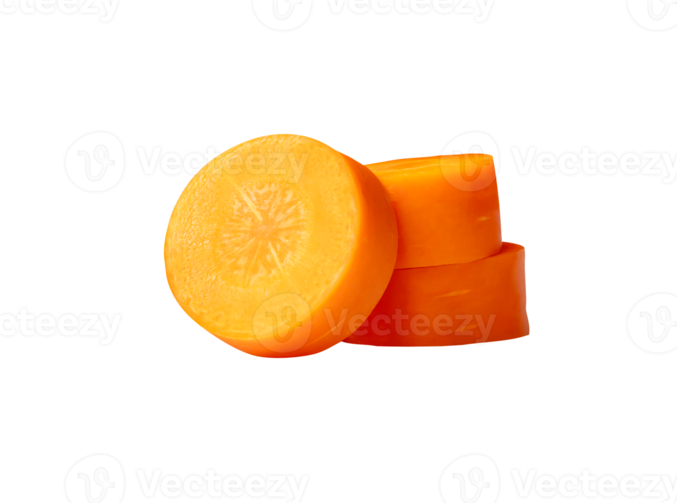 Side view of three orange carrot slices in circles in stack isolated with clipping path in file format png