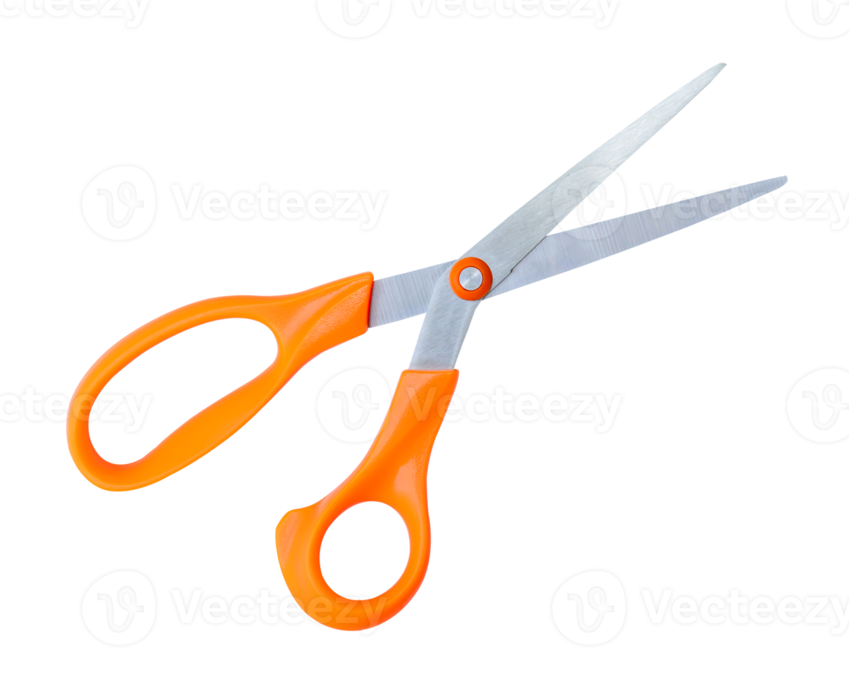 Top view of a pair of multipurpose scissors with orange handle isolated with clipping path in file format png
