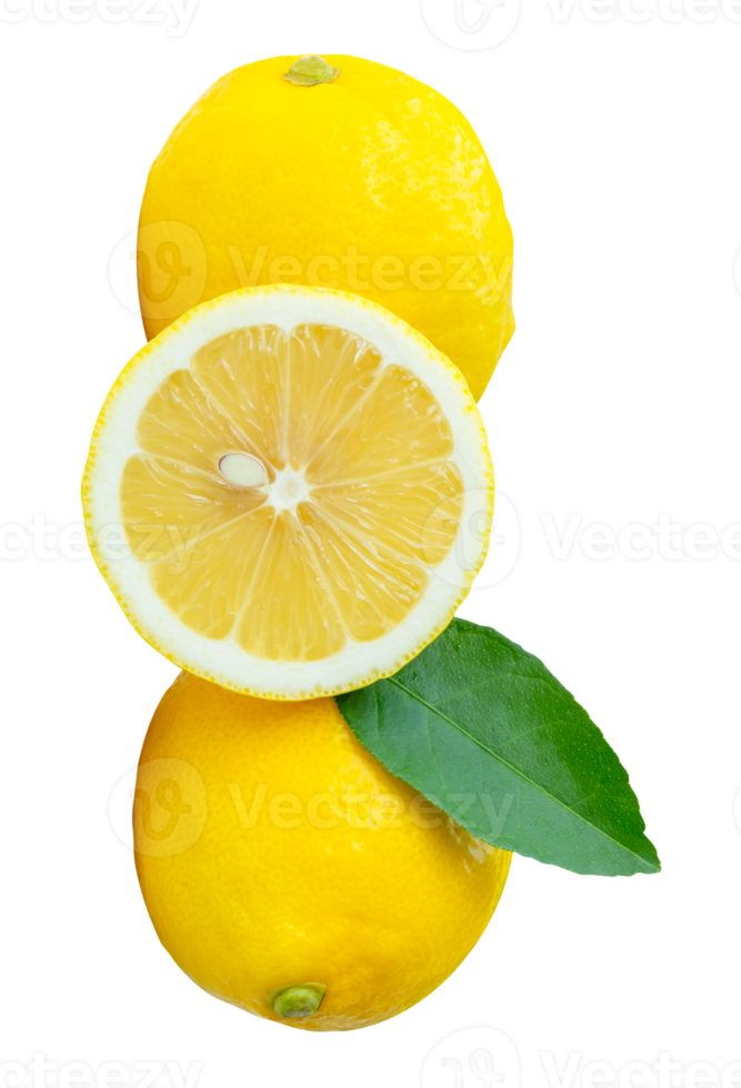 Two ripe yellow lemon fruits with a half and green leaf isolated with clipping path in file format png