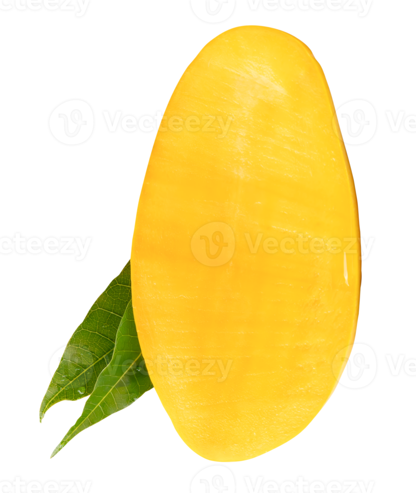 A vertical half of ripe yellow mango fruit with green leaves isolated with clipping path in file format png