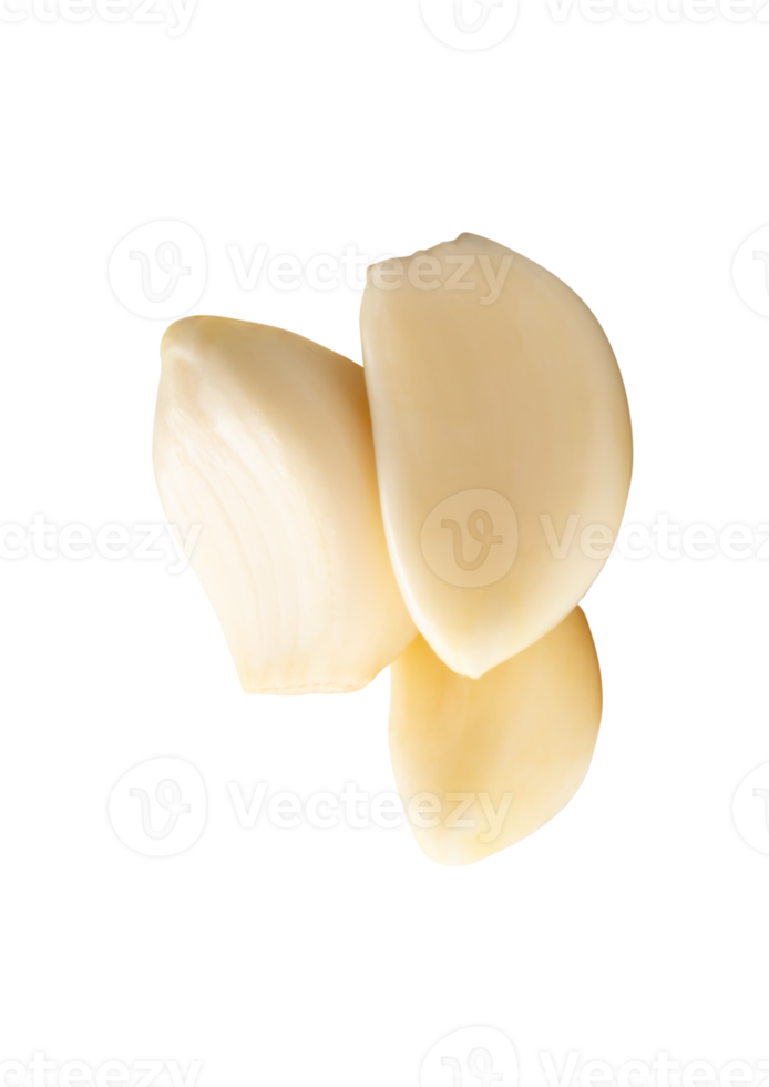 Top view of peeled garlic cloves or pieces in stack isolated with clipping path in file format png