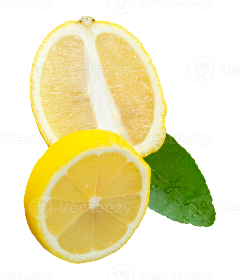 Front view of ripe yellow lemon fruit in slices in circle and oval shape with green leaf isolated with clipping path in file format png