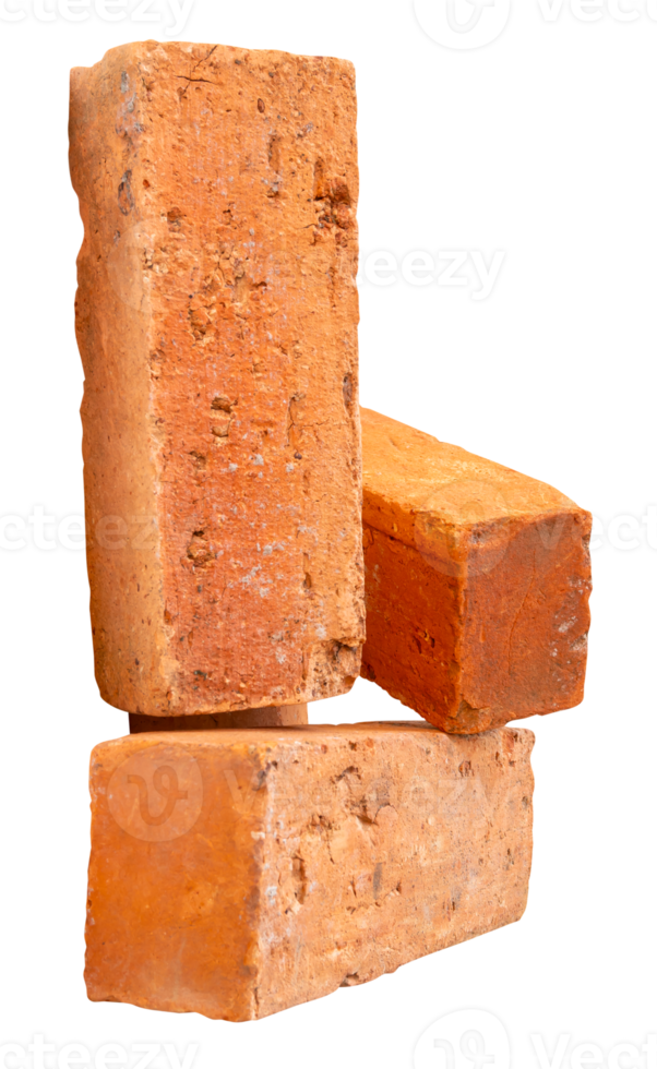 A group of three old red or orange bricks in stack isolated with clipping path in file format png