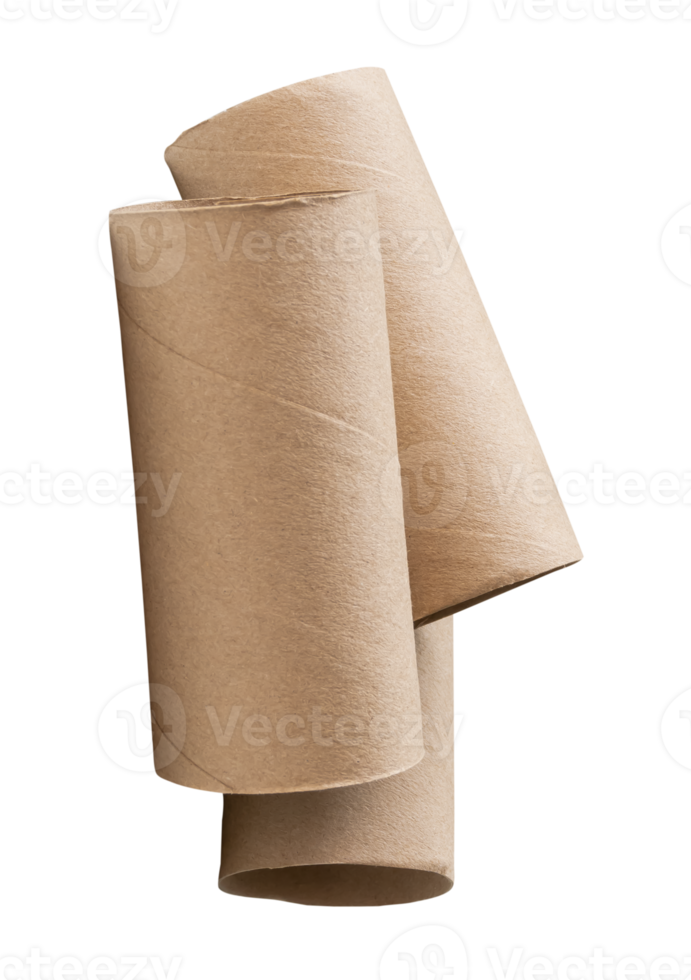 Three tissue paper cores or toilet paper tubes after used out of paper in stack isolated with clipping path in file format png