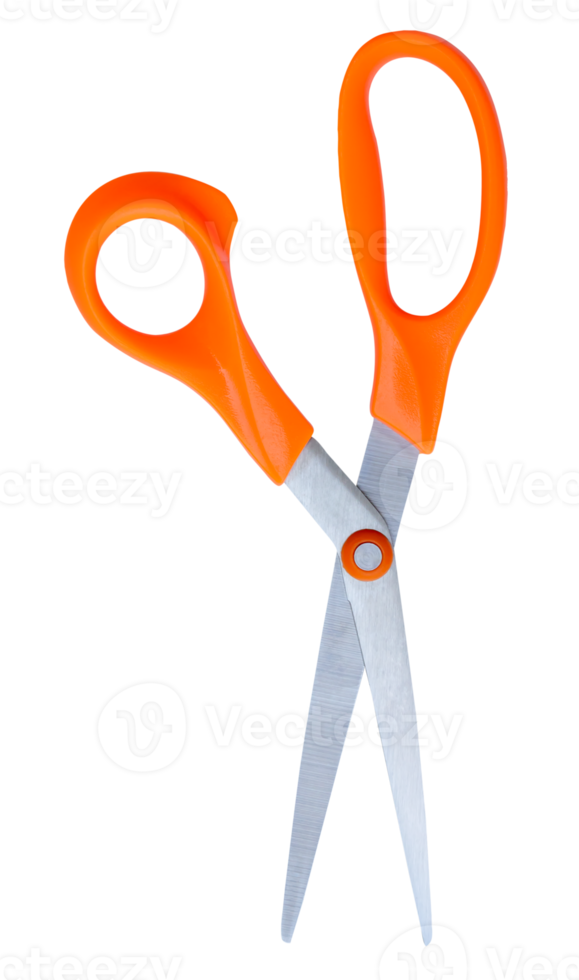 Vertical open multipurpose scissors with orange handle in vertical isolated with clipping path in file format png