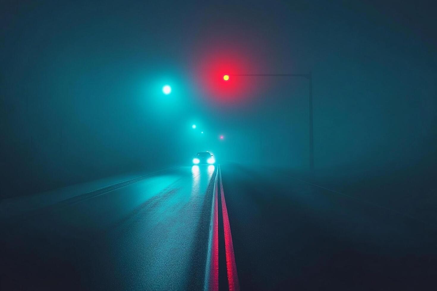 A car driving down a foggy road at night photo