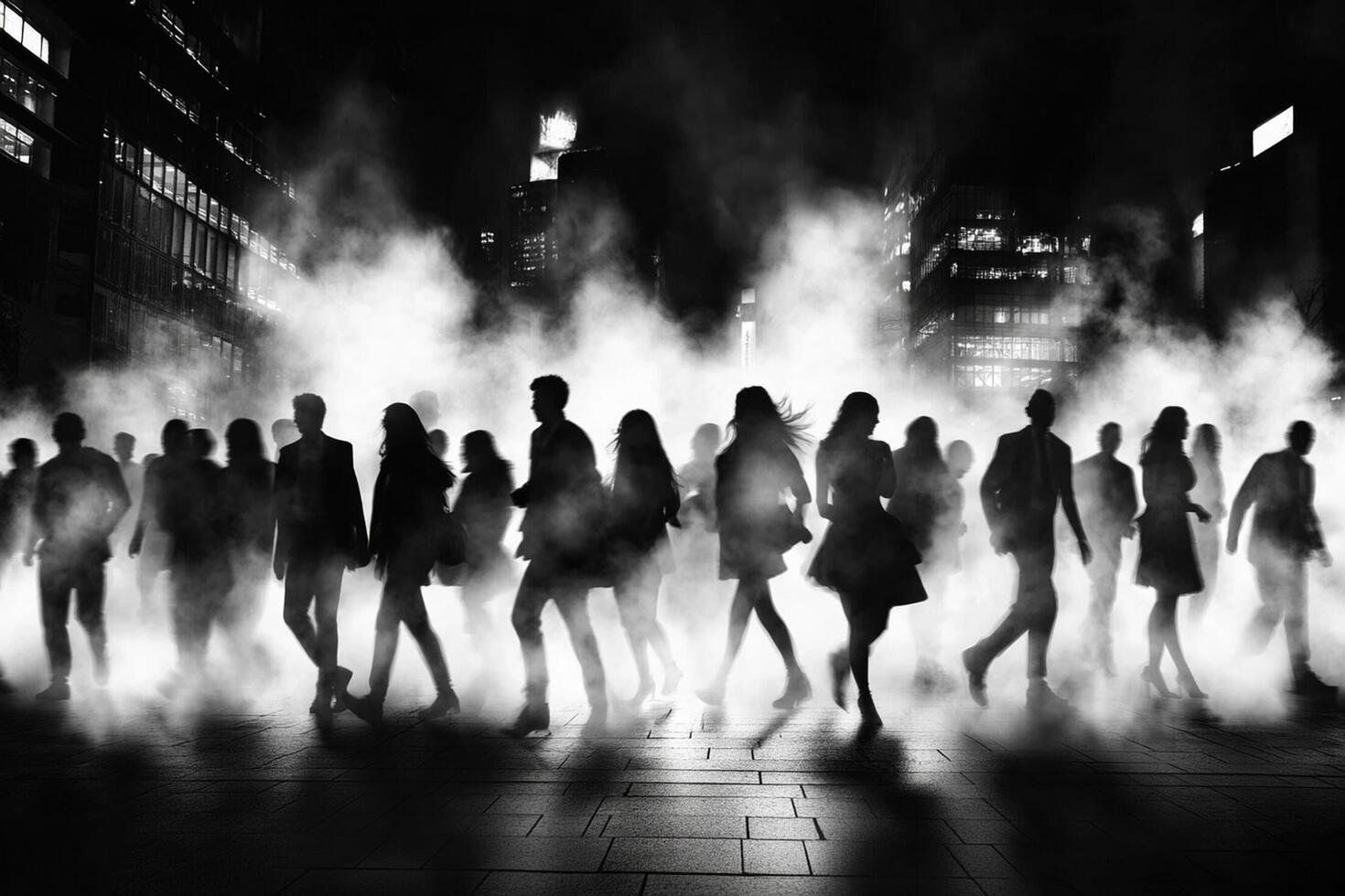 A group of people walking in the street at night photo