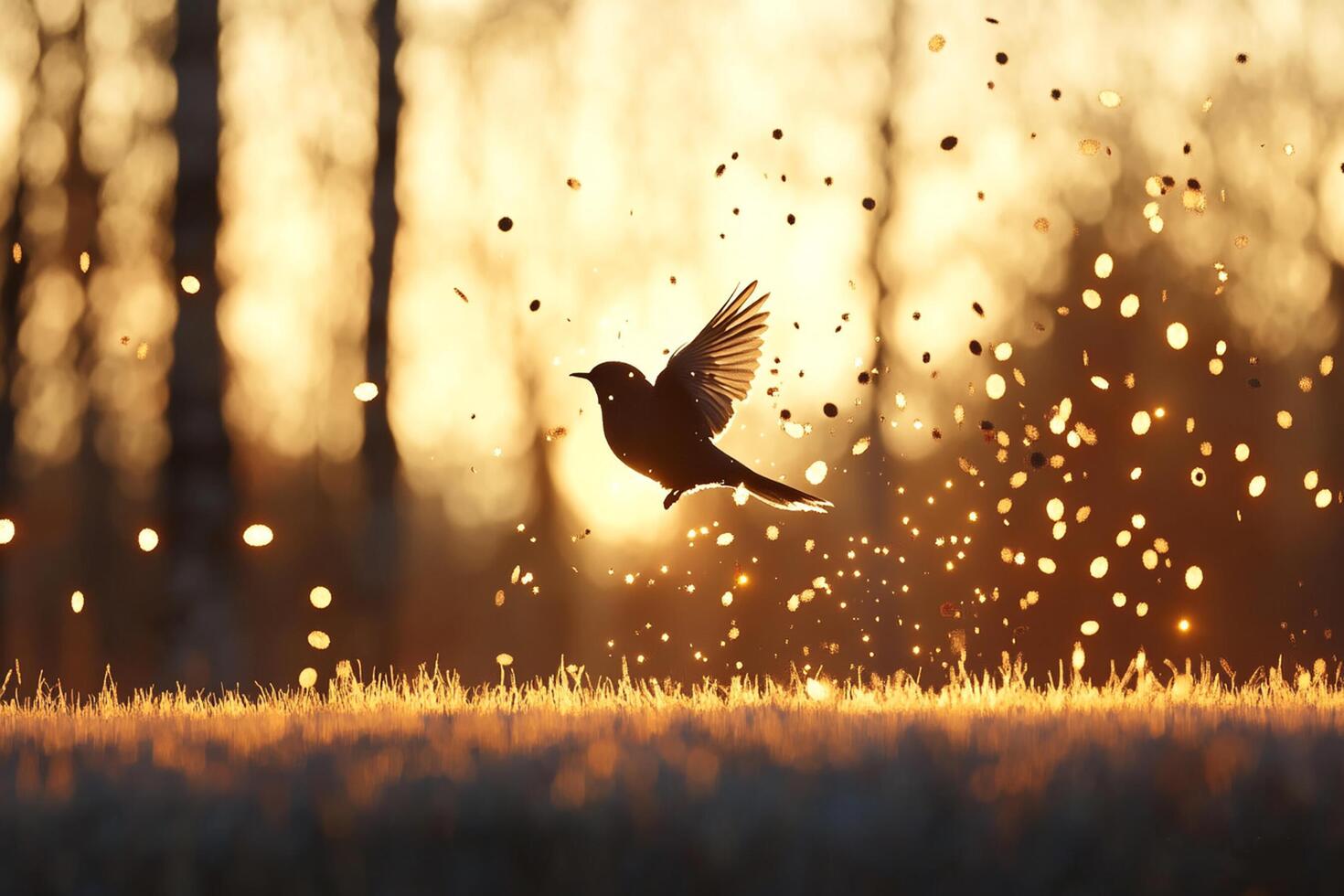 A bird flying over a field with sunbeams photo