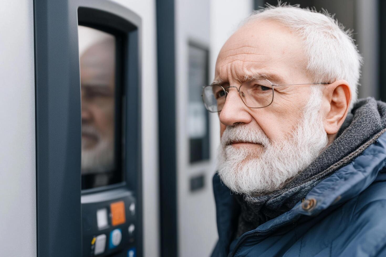 An older man with glasses and a beard standing in front of a vending machine photo