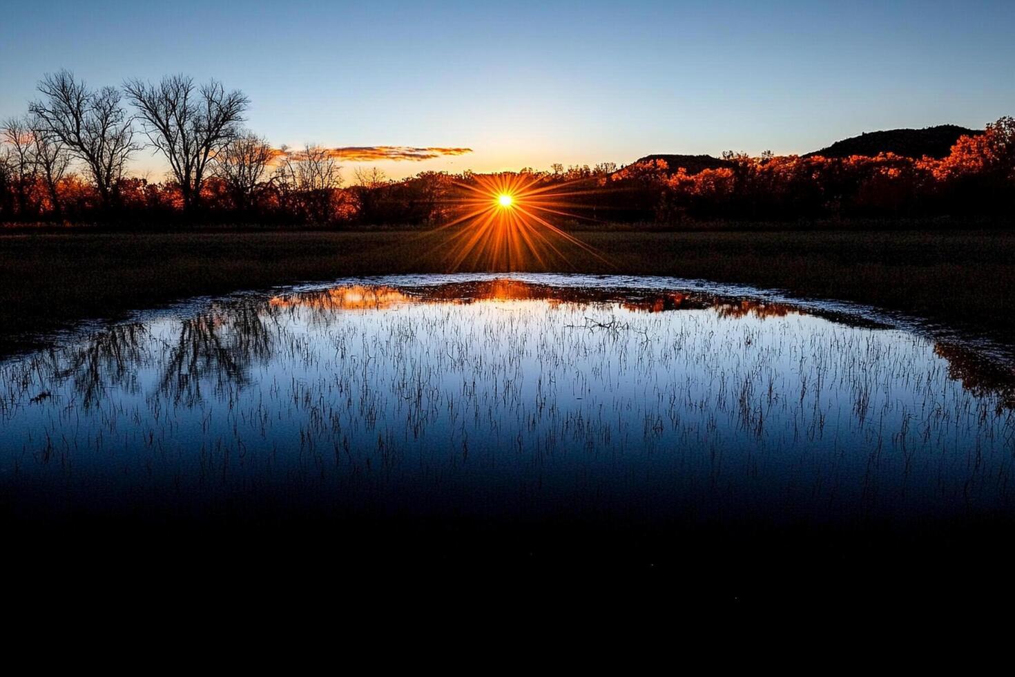 The sun rises over a pond in the middle of a field photo