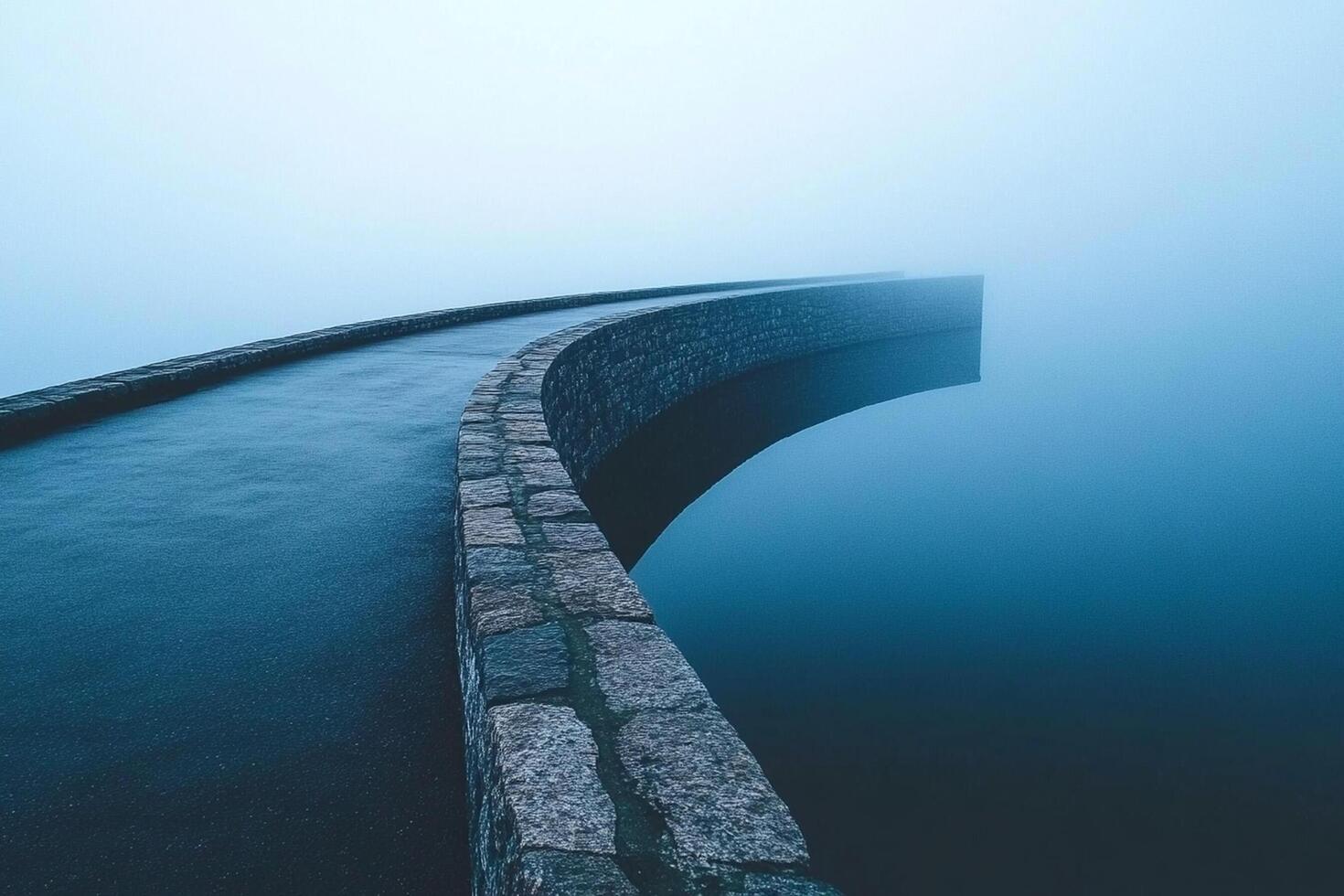 A long bridge with fog on the water photo
