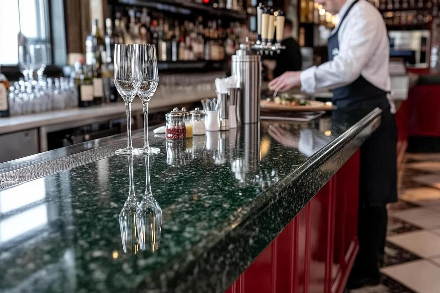 A man is standing behind the bar at a restaurant photo