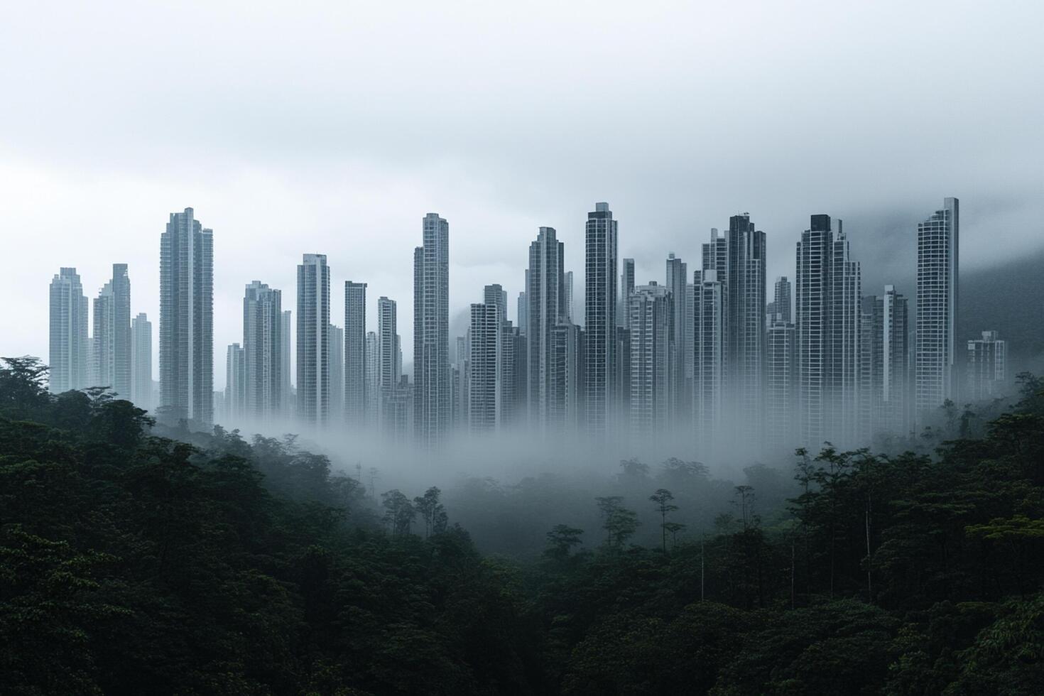 A city in the middle of a forest with tall buildings photo