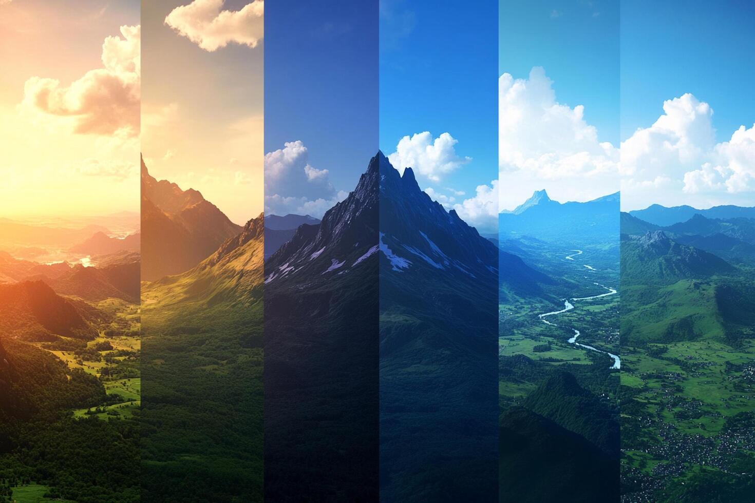 A series of images of mountains and rivers photo