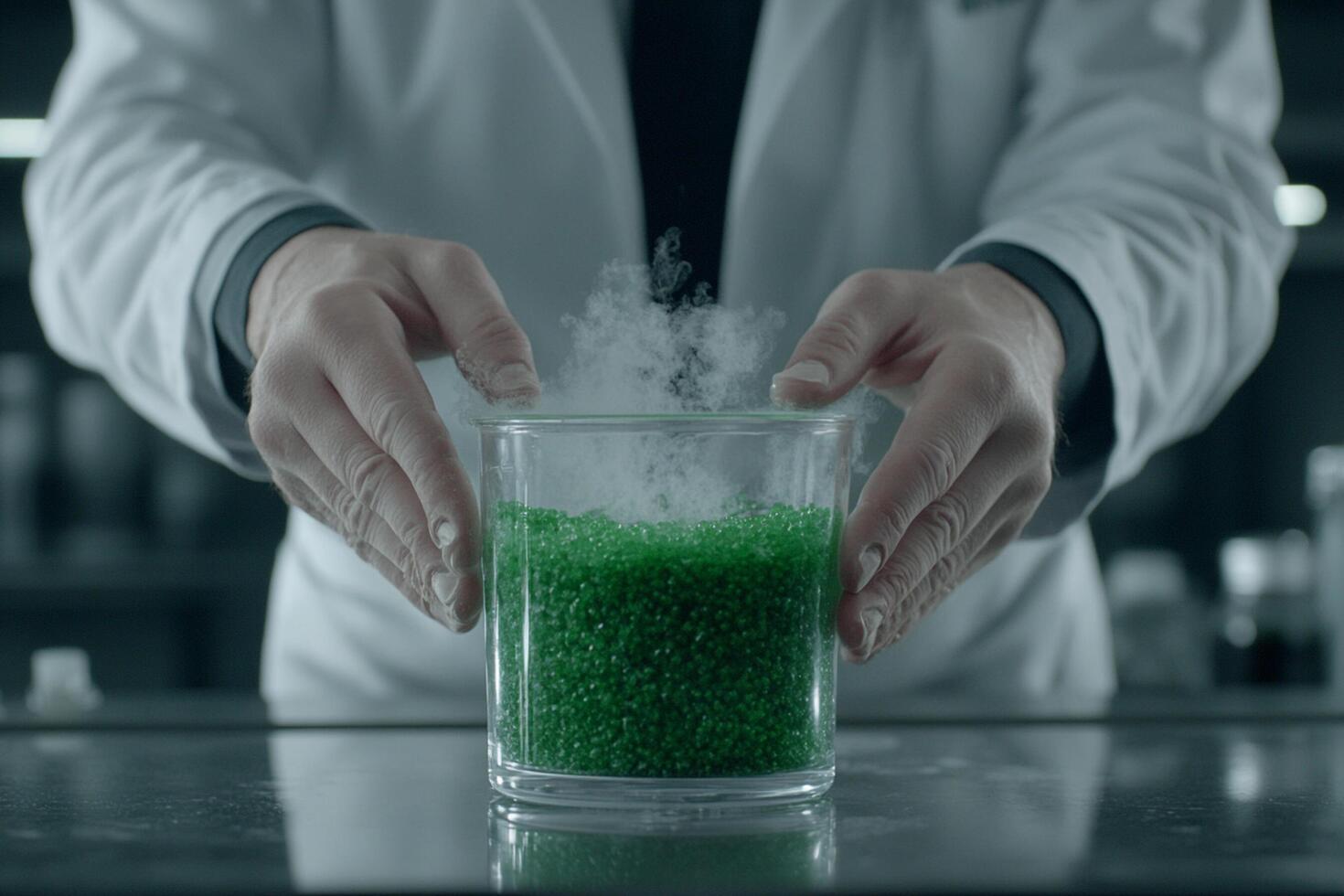 A person in a lab coat is holding a glass with green liquid photo