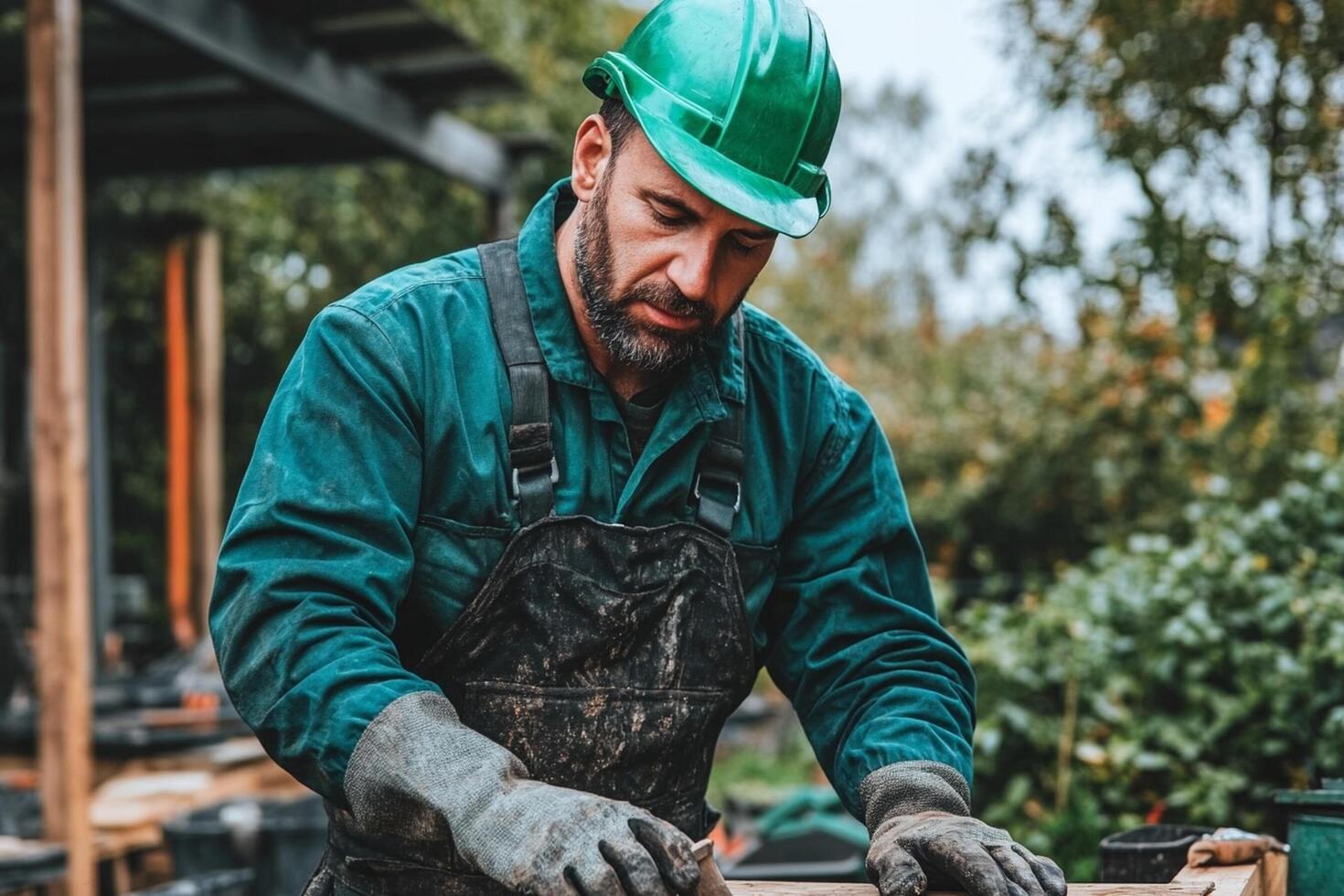 A man in a hard hat and overalls working on a piece of wood photo