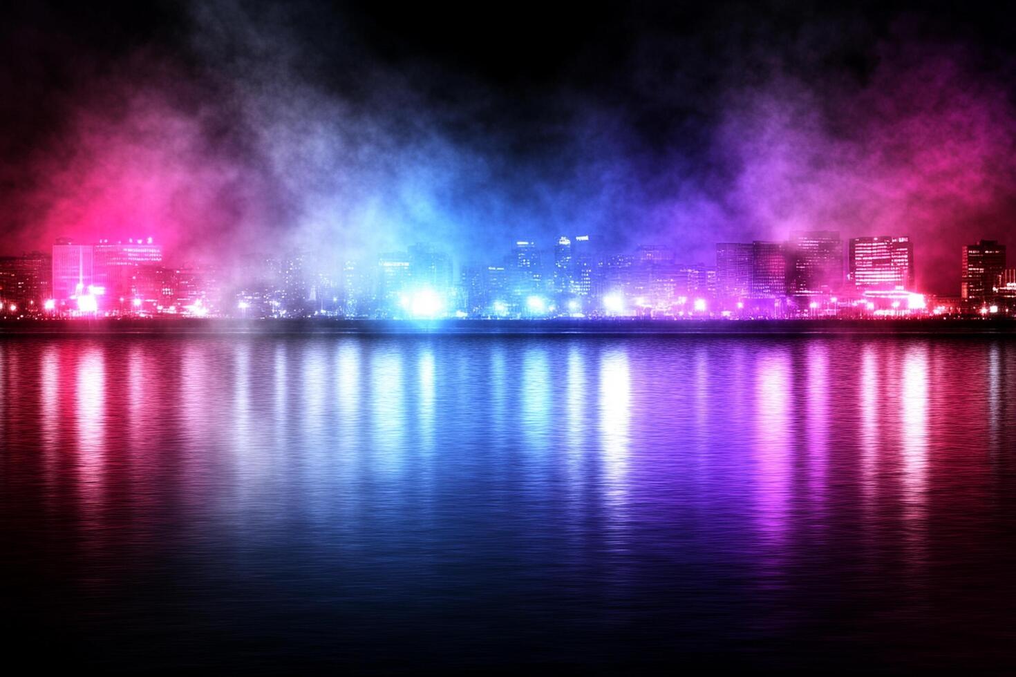 Colorful city lights reflected in water at night photo