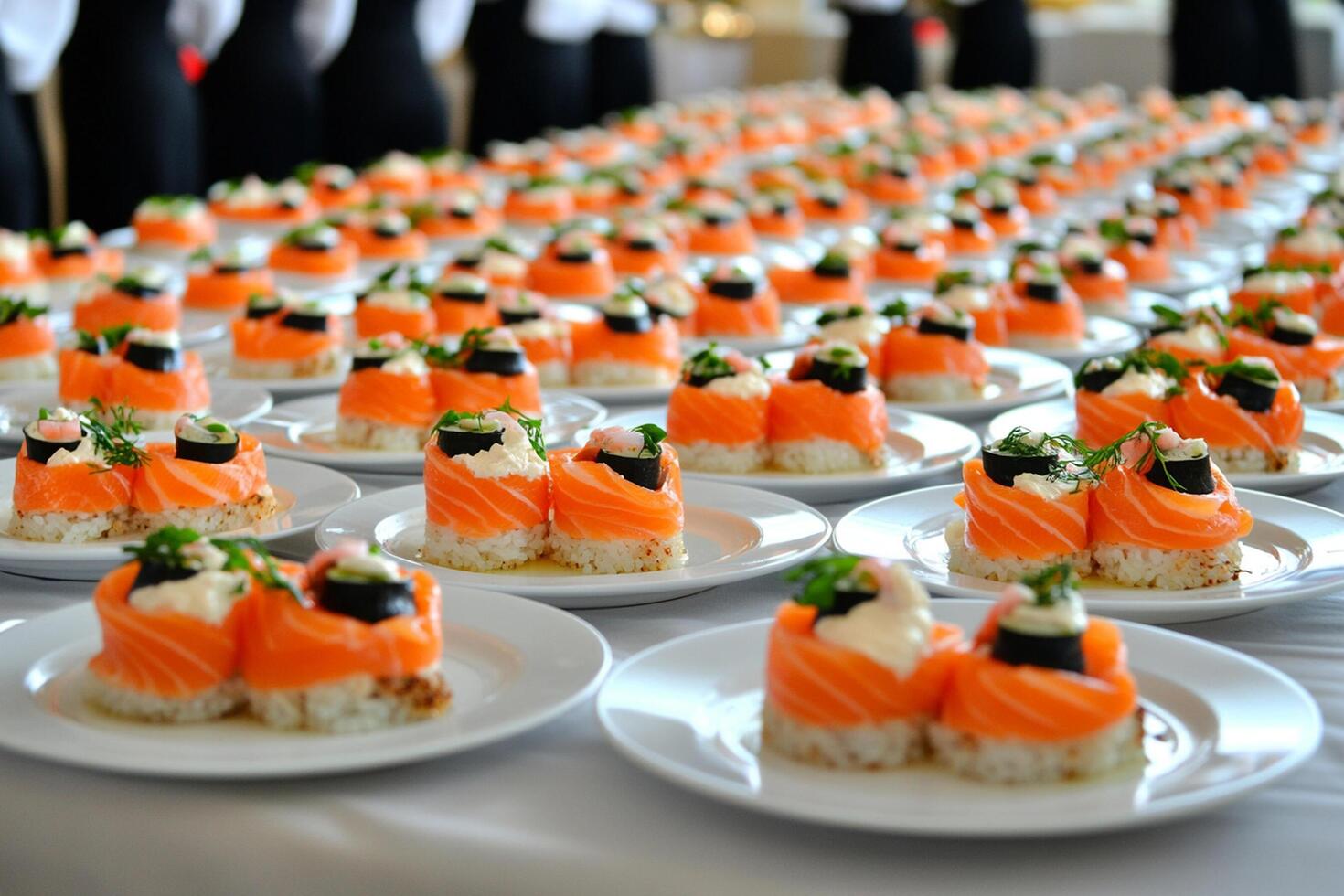 A table with many plates of salmon and vegetables photo