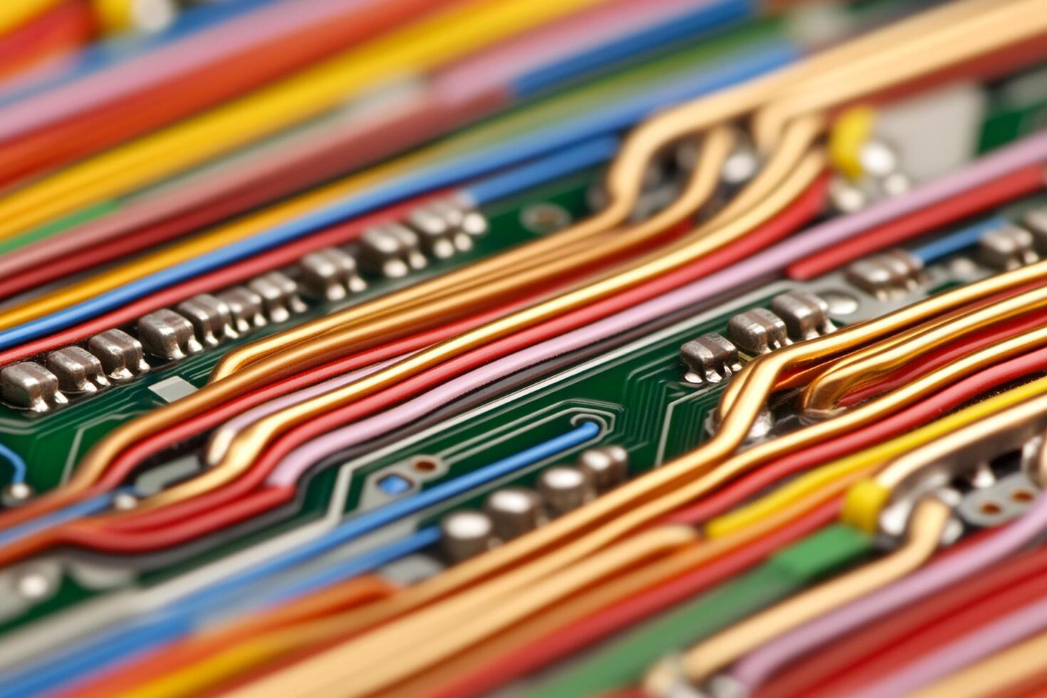 A close up of a multicolored electronic circuit board photo