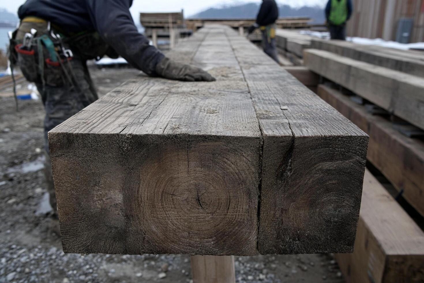 A worker is working on a wooden beam photo