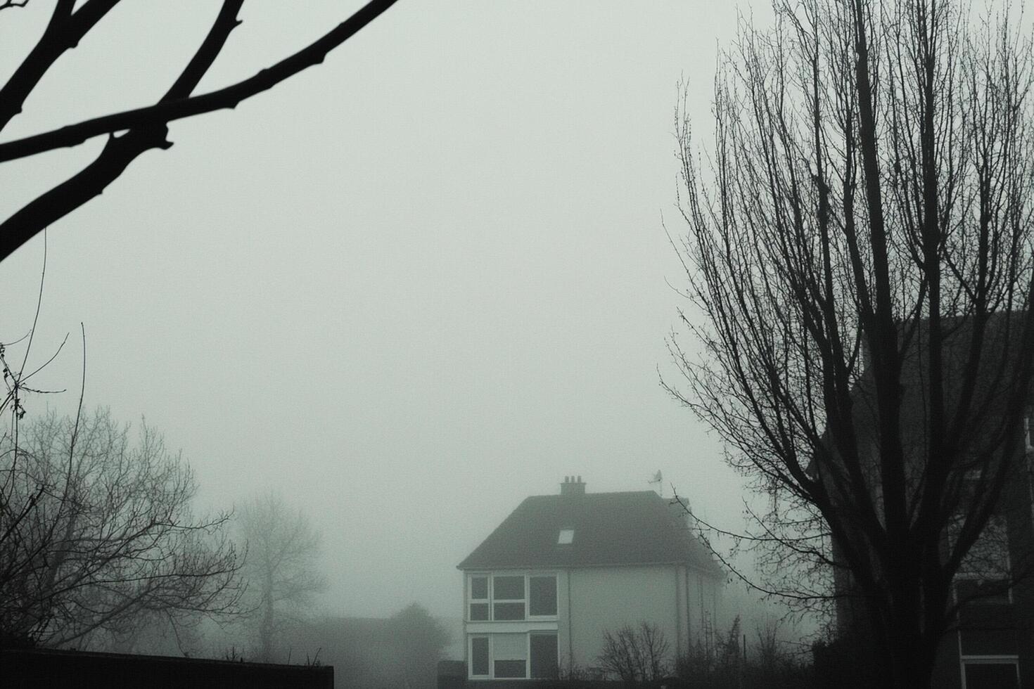 A black and white photo of a foggy street