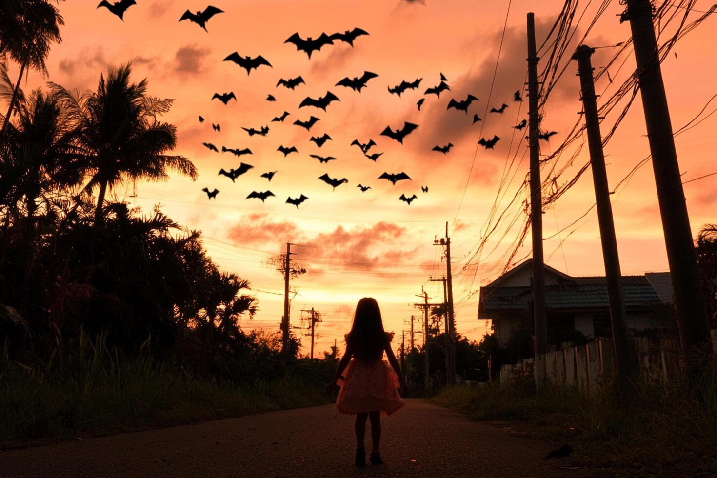 A girl in a dress is walking down a road with bats flying above her photo