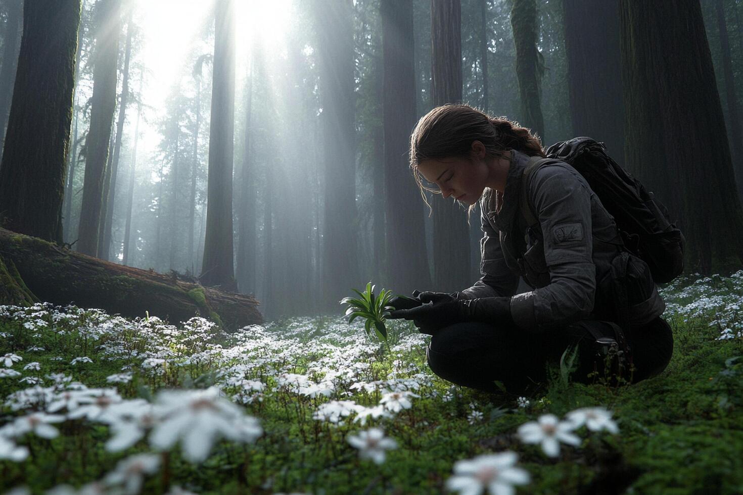 A woman kneeling in the woods with flowers photo