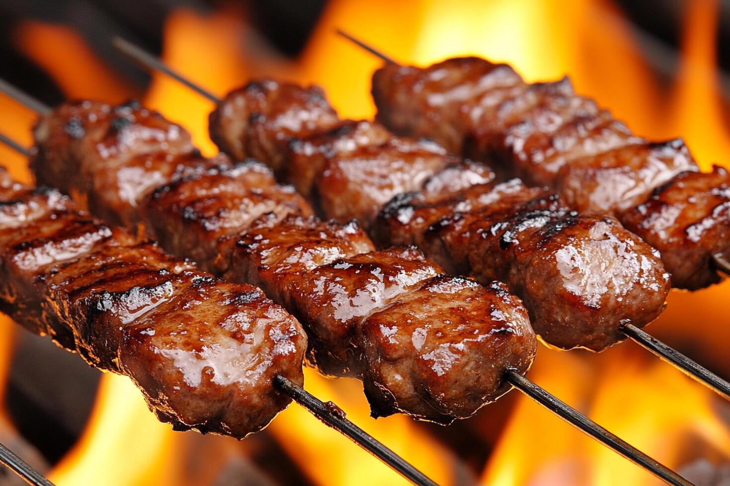Beef kebabs on a grill with flames photo