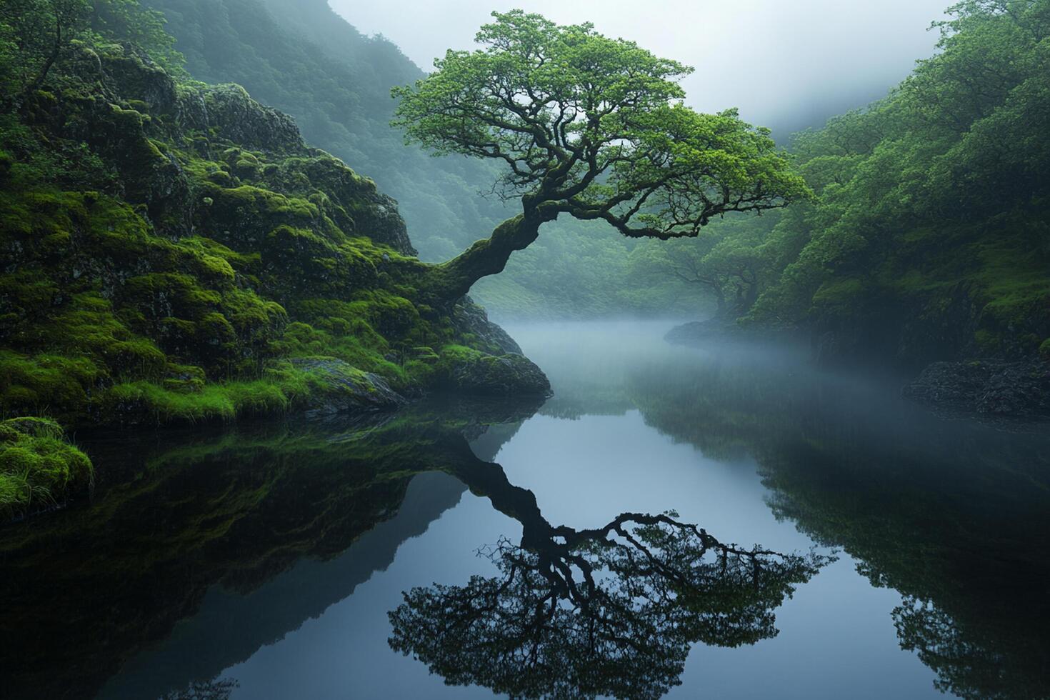 A tree is reflected in the water of a river photo