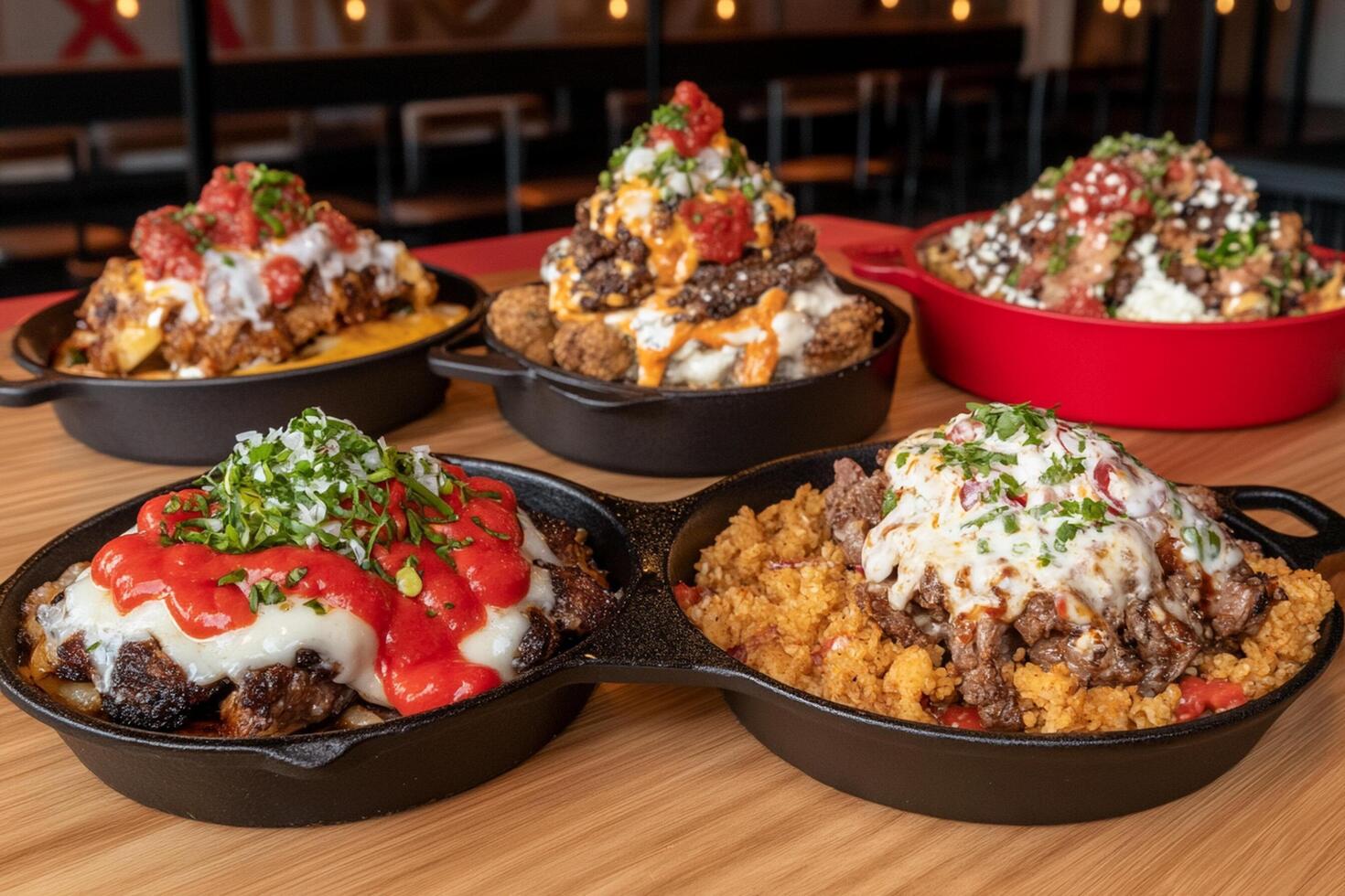 Four different types of food in pans on a table photo