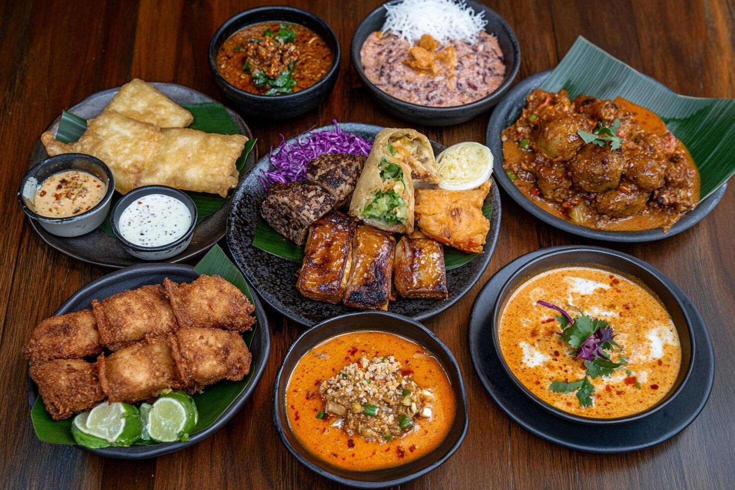 A table with a variety of dishes on it photo