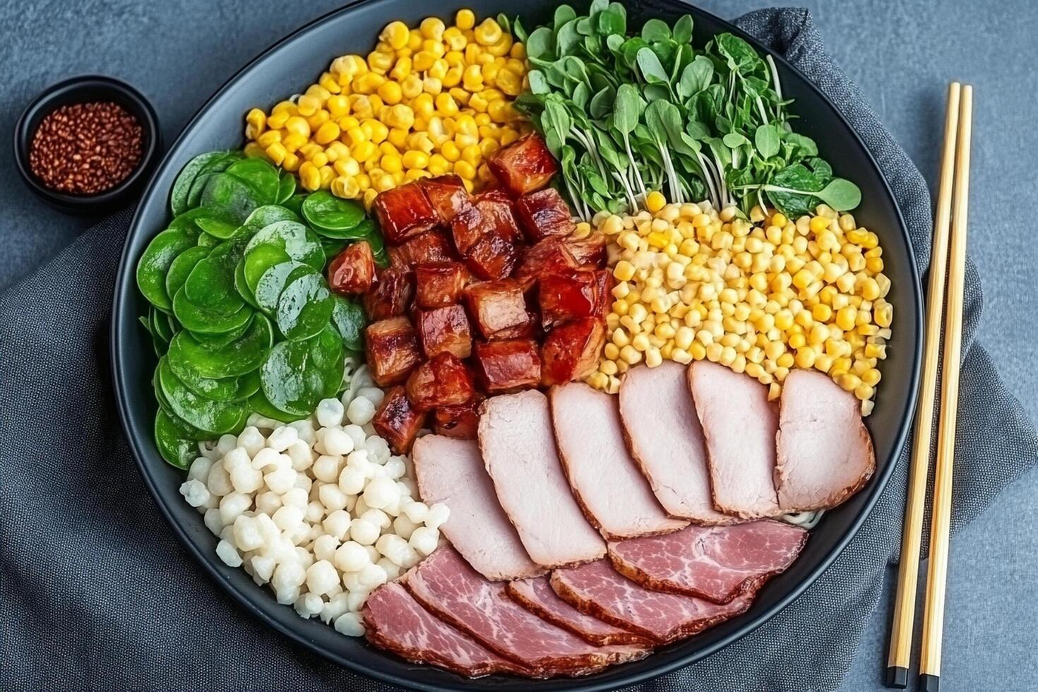 A plate with meat, corn, and vegetables photo